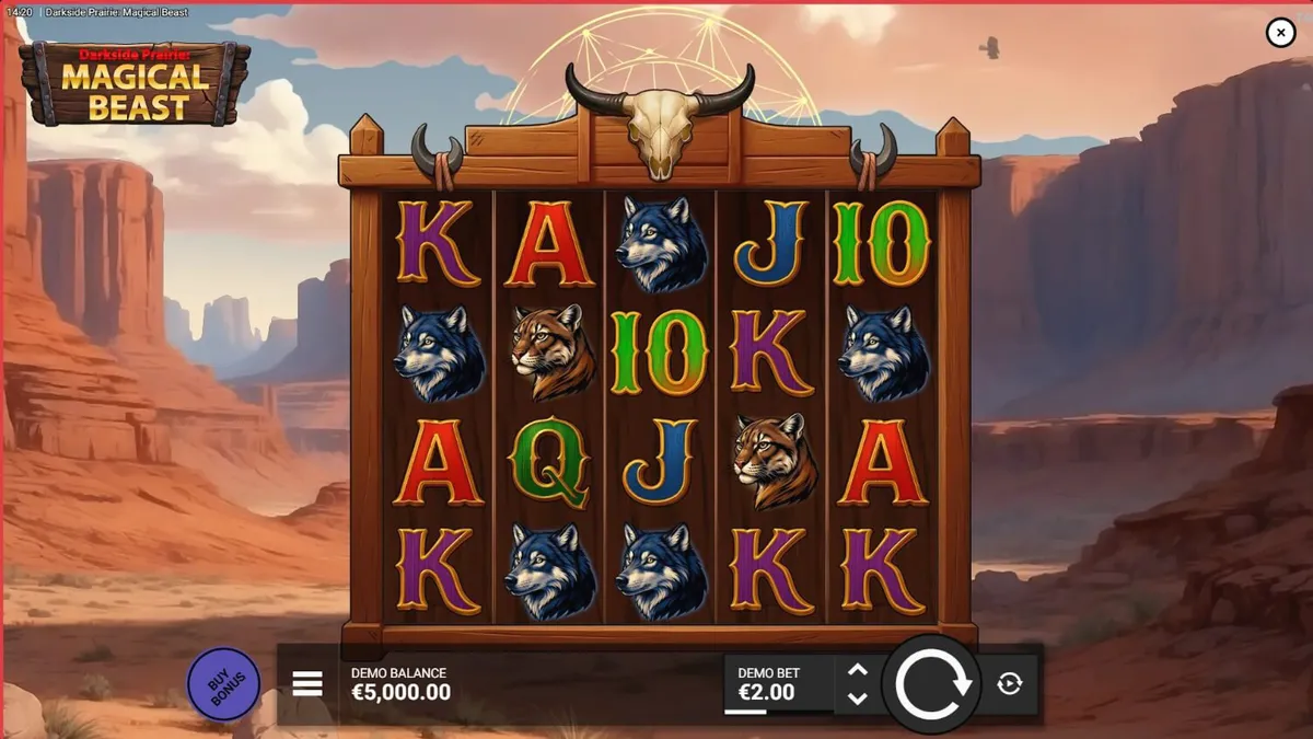 Darkside Prairie: Magical Beasts slot machine interface na may bison at canyon background